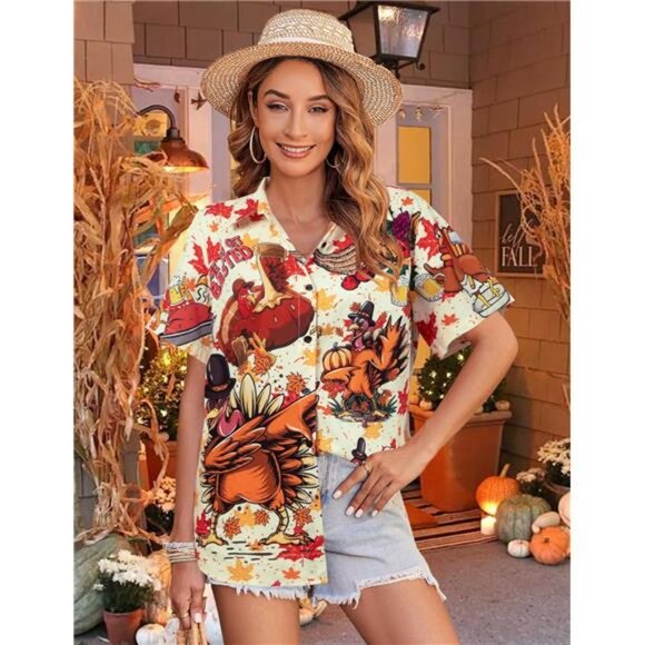 Women’s Thankful Turkey Pumpkin Button-Up Shirt - Fall Hawaiian Tee - Picture 5 of 7